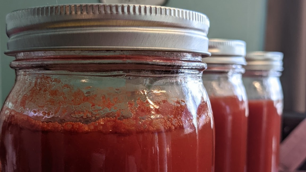 Three canning jars filled with bubbling tomato sauce and canning lids on, all lined up in the frame.