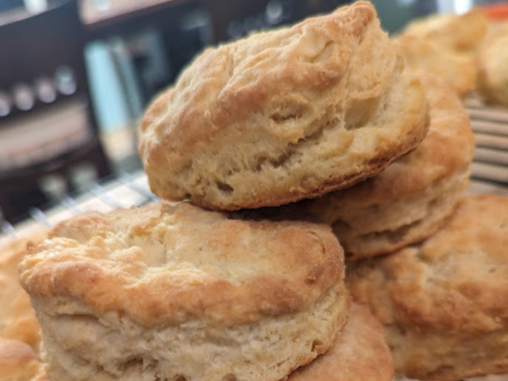 A stack of homemade biscuits, close up picture showing the texture.